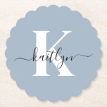 Posavasos De Papel Nombre inicial azul turbio monogramado<br><div class="desc">Estos elegantes y sencillos embutidos de papel de borde redondeado azul polvoriento con tu primer nombre en una letra de guión de moda en negro y tu primera inicial en una moderna letra de tope en blanco son perfectos para mantener tus mesas y mostradores libres de anillos de agua. Absorben...</div>