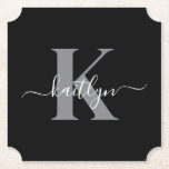 Posavasos De Papel Nombre inicial gris negro monogramado<br><div class="desc">Estos aulas de papel en forma de boleto negro, simples y elegantes, con tu primer nombre en un tipo de letra de guión moderno en blanco tecleado sobre tu primera línea en un moderno tipo de letra en gris, son perfectos para mantener tus mesas y mostradores libres de anillos de...</div>