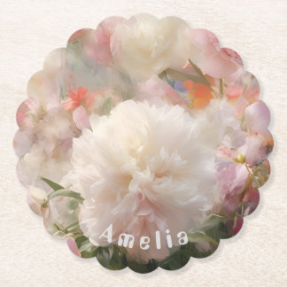Posavasos De Papel Nombre Peonías Rosadas y Blancas Pintura Acuarela