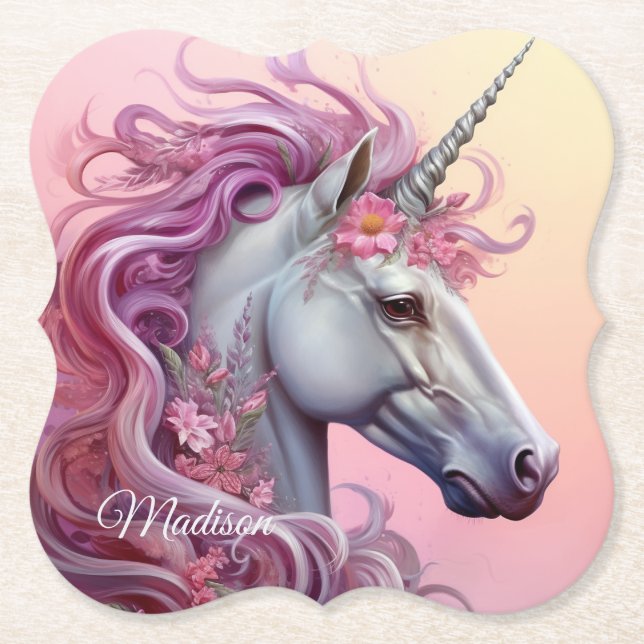 Posavasos De Papel Nombre personalizado lindo unicornio (Anverso)