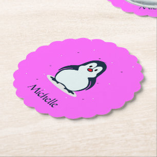 Posavasos De Papel Nombre personalizado pingüino lindo en rosa