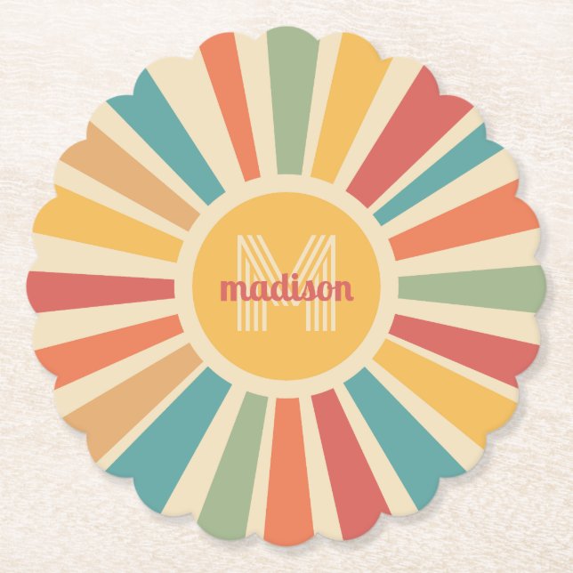 Posavasos De Papel Nombre personalizado y bandas retro monograma (Anverso)