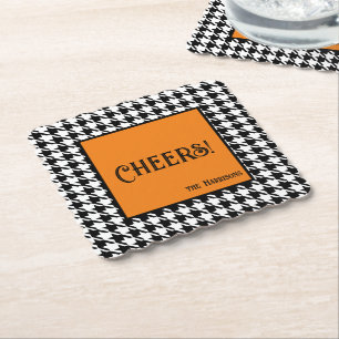 Posavasos De Papel Nombre y Cheers! Naranja Negro Blanco Houndstooth