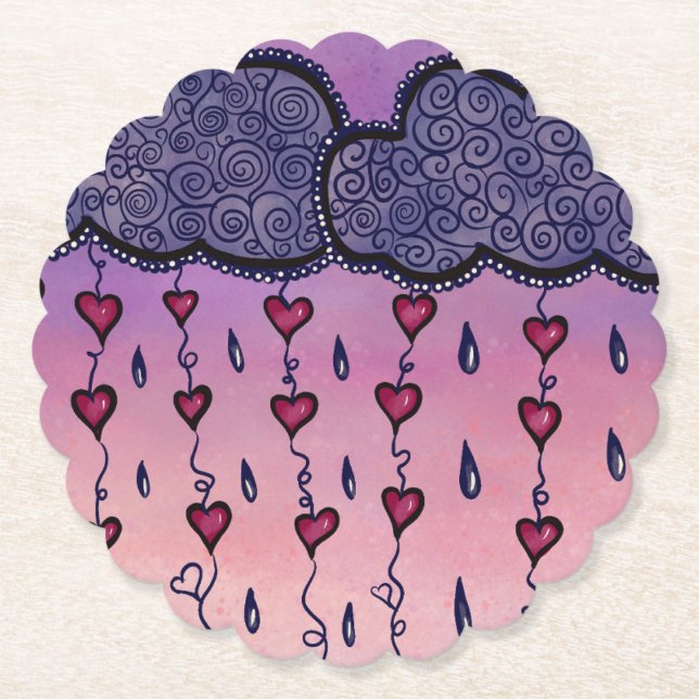 Posavasos De Papel Nubes, corazones y gotas de lluvia (Anverso)