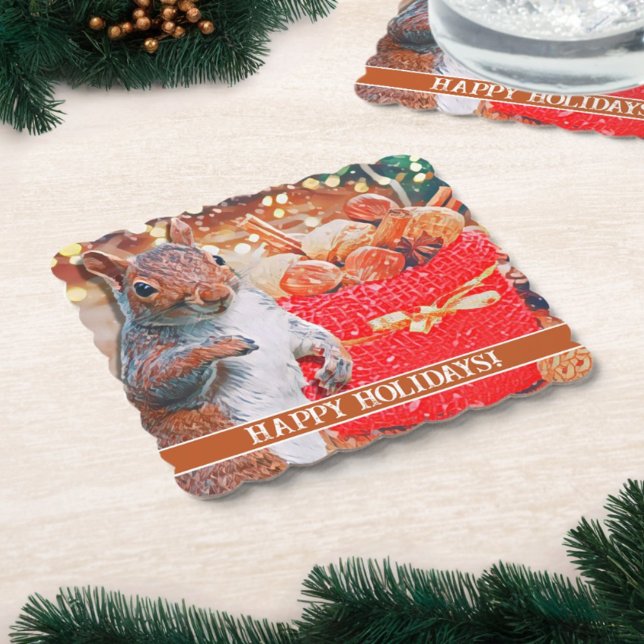 Posavasos De Papel Nueces de Navidades de ardilla (Paper coasters for your holiday party feature a cute squirrel and customizable message.)
