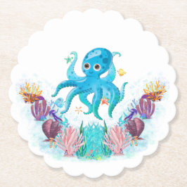 Posavasos De Papel Octopus marino cúbico con coloridas casetas de mar