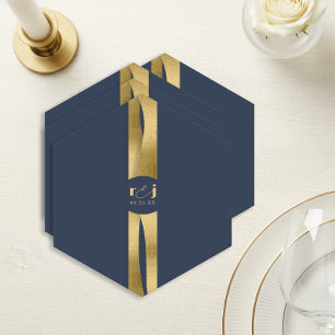 Posavasos De Papel Olas Esculturales Boda Azul Marino Oro ID1312