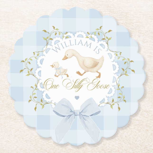 Posavasos De Papel One Silly Goose Blue Goingham Whimsical Birthday (Anverso)