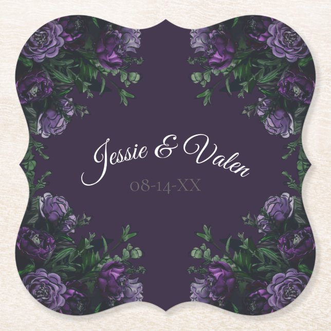 Posavasos De Papel Oscuro Morado Floral Elegante Boda Gótica (Anverso)