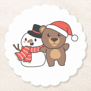 Posavasos De Papel Oso Con Hombre De Nieve En Invierno Para Navidades