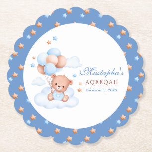 Posavasos De Papel Oso de peluche azul personalizado para Aqiqah Coas