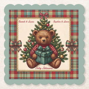 Posavasos De Papel Oso de peluche vintage de Navidad con nombre de fa