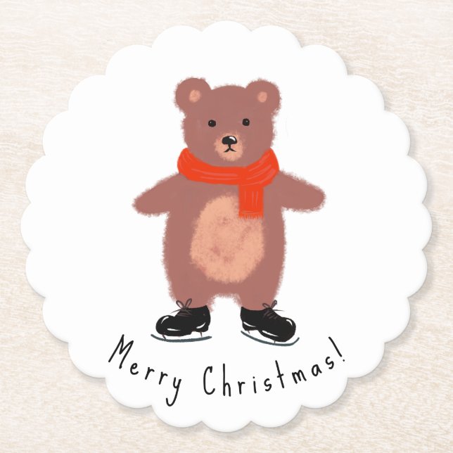 Posavasos De Papel Oso gracioso en patines de invierno (Anverso)