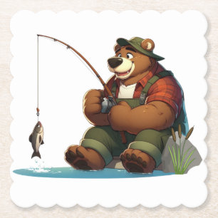Posavasos De Papel Oso pescador lindo y aventurero al aire libre