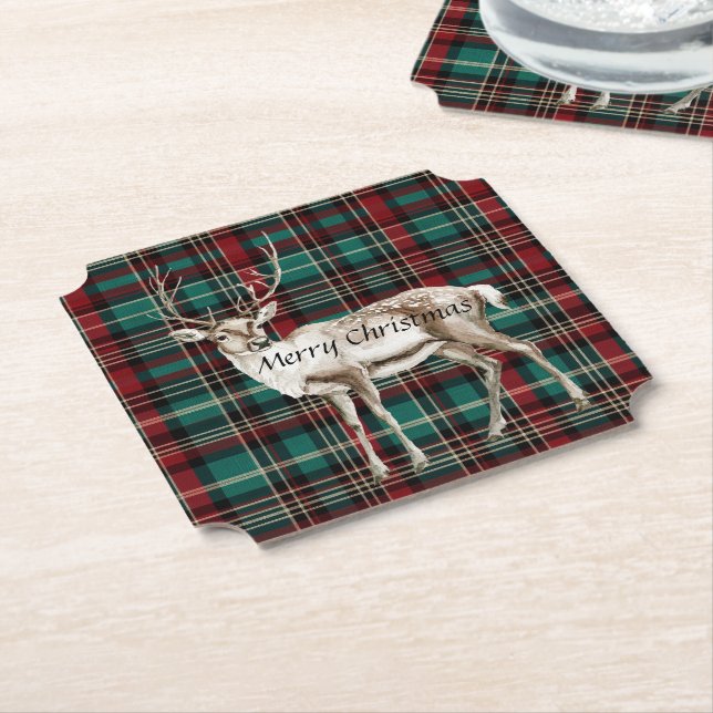 Posavasos De Papel País Red Green Plaid Navidades Deer (En perspectiva)