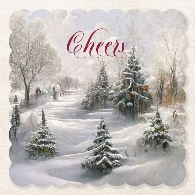 Posavasos De Papel Paisaje de invierno navideño Pine Forest (Anverso)