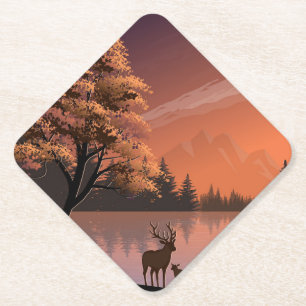 Posavasos De Papel Paisaje Sunrise con Lago y Deers-51207