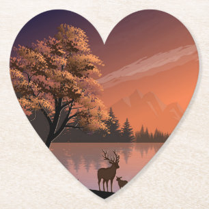 Posavasos De Papel Paisaje Sunrise con Lago y Deers-51207