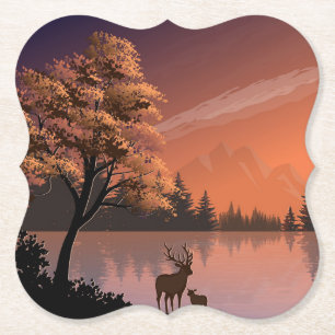 Posavasos De Papel Paisaje Sunrise con Lago y Deers-51207