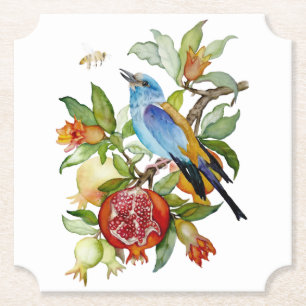 Posavasos De Papel Pájaro Azul Entre Granadas Botánico Acuarela