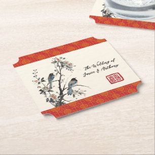 Posavasos De Papel Pájaro de flor roja boda oriental china