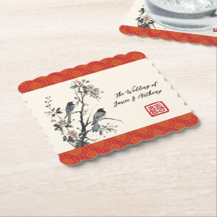 Posavasos De Papel Pájaro de flor roja boda oriental china