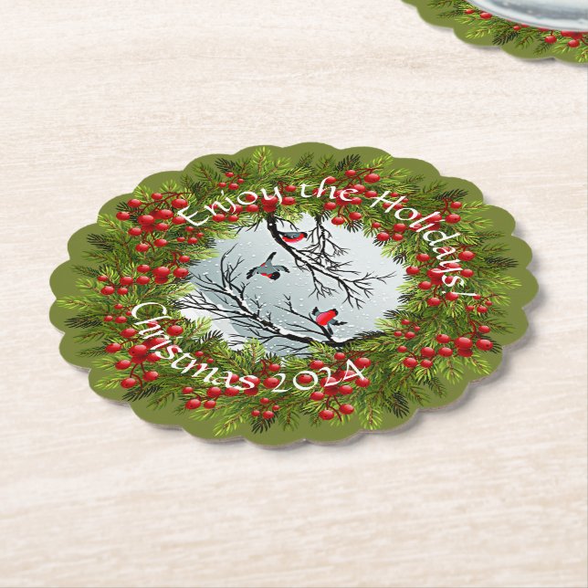 Posavasos De Papel Pájaros personalizados En Agujas De Pino De Nieve  (En perspectiva)