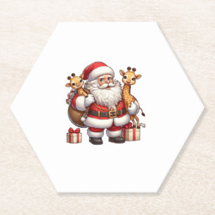 Posavasos De Papel Papá Noel norteamericano sostiene jirafa en Navida