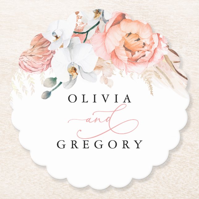 Posavasos De Papel Papel tropical elegante de pampas rosadas (Anverso)