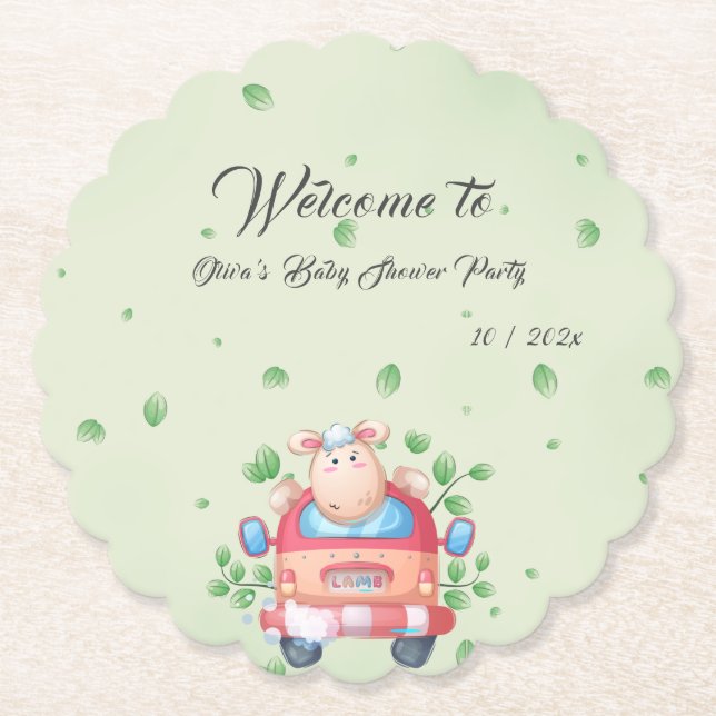 Posavasos de papel para baby shower de corderito b (Anverso)