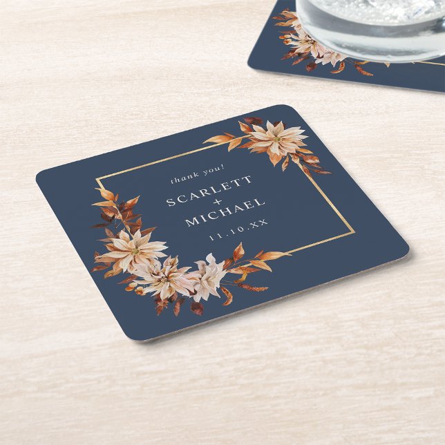 Posavasos de papel para boda azul marino (Navy Blue Floral Wedding Paper Coaster by Painted Paperie
)