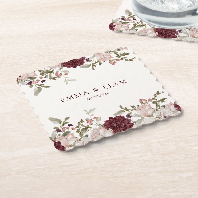 Posavasos de papel para boda con flores de Borgoña (En perspectiva)