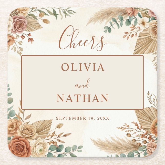 Posavasos de papel para boda floral boho rústico e (Anverso)