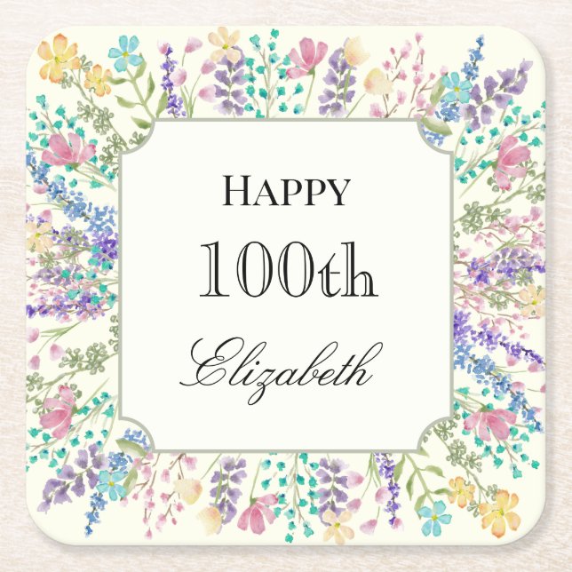 Posavasos de papel para cumpleaños 100 con flores  (Anverso)