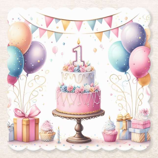 Posavasos de papel para fiesta de cumpleaños rosa (Anverso)