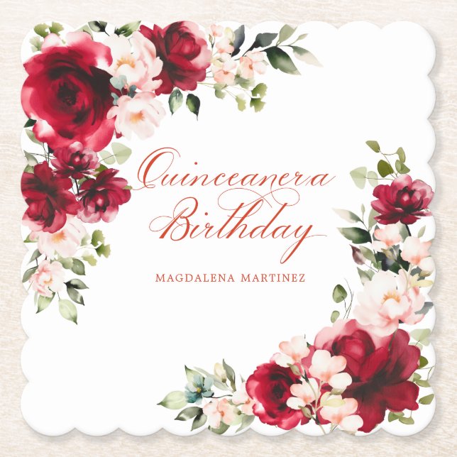 Posavasos De Papel Partido de Cumpleaños Quinceanera Personalizado Fl (Anverso)