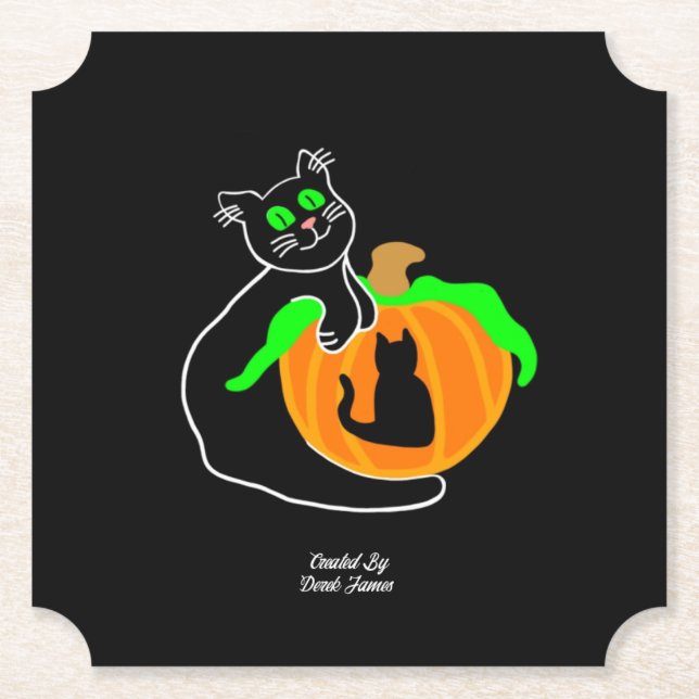 Posavasos De Papel Pascua de papel de calabaza para gato negro (Anverso)