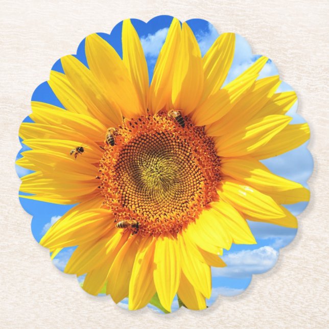 Posavasos De Papel Pascua de papel de girasol amarillo y abeja (Anverso)