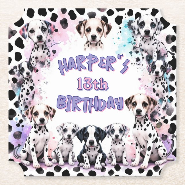 Posavasos De Papel Pastel Purple Dalmatian Puppy Watercolor Birthday (Anverso)