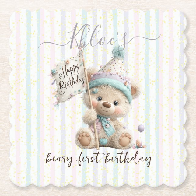 Posavasos De Papel Pastel Teddy Bear Birthday  (Anverso)