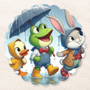 Posavasos De Papel Pato lindo, rana, conejito bajo la lluvia