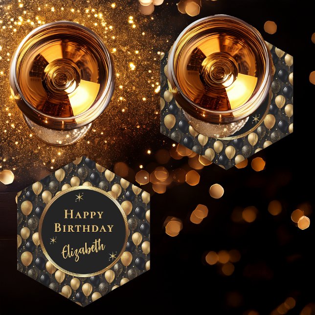 Posavasos De Papel Patrón A021 elegante de globos Purpurinas de oro n (Elegant Black and Faux Gold Glitter Balloons Pattern "Happy Birthday" Hexagonal Paper Coaster)