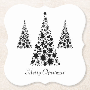 Posavasos De Papel Patrón de árbol de Navidad negro moderno en blanco