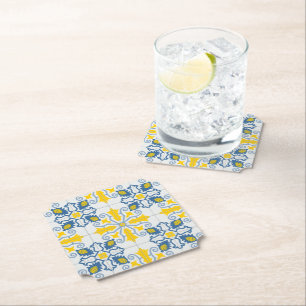 Posavasos De Papel Patrón de azulejos azules y amarillos en portugués