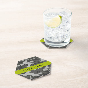 Posavasos De Papel Patrón de camuflaje gris, tu nombre, Personaliza