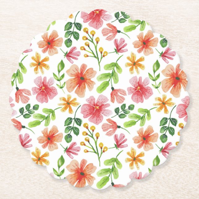 Posavasos De Papel Patrón de flores rosadas acuarela (Anverso)