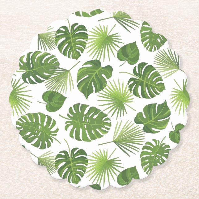 Posavasos De Papel Patrón de hojas tropicales verdes y elegantes (Anverso)