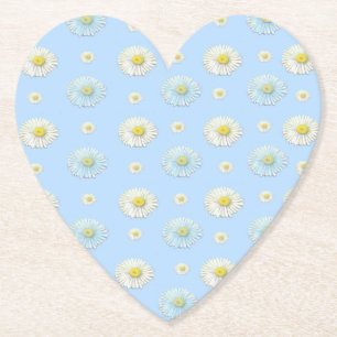 Posavasos De Papel Patrón de margarita blanca en corazón azul claro