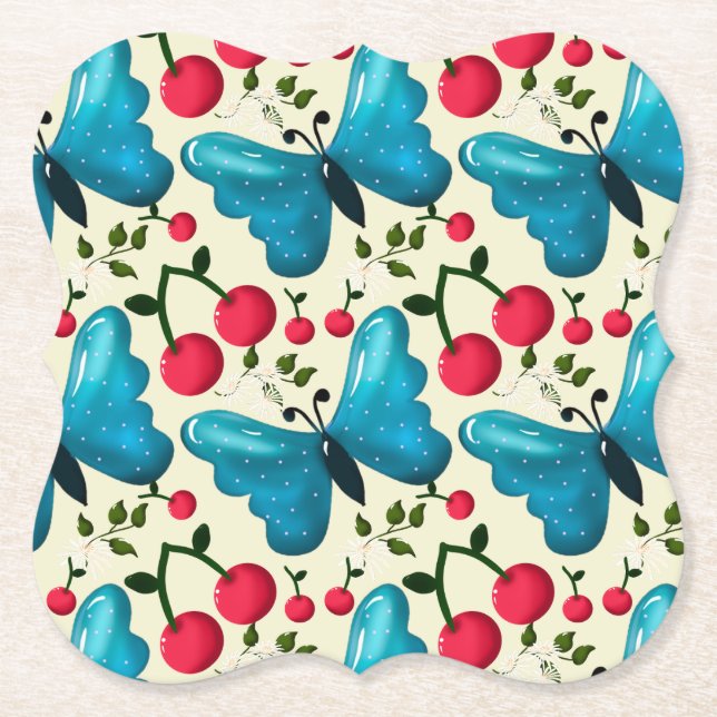 Posavasos De Papel Patrón de Mariposa Cereza Lindo, Fruta Kawaii Bril (Anverso)