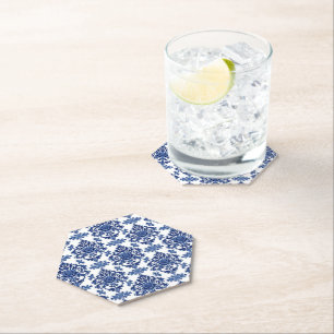 Posavasos De Papel Patrón floral barroco de lujo azul real y blanco